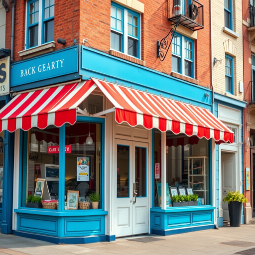 regenerate a colorful storefront with a red and white striped awning and large blue windows using a DSLR camera with a 50mm lens, f/2.8 aperture, ISO 100, and natural lighting, capturing a frontal view in high resolution for sharp details and vibrant colors
