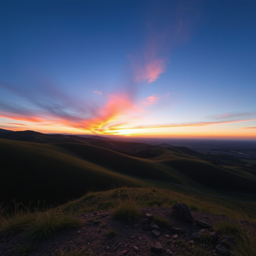 Create a high-resolution image of a serene landscape featuring rolling hills and a vibrant sunset, captured with a Canon EOS R5 at f/8, ISO 100, 1/200s, with a wide-angle lens from a low angle view to enhance depth and detail.