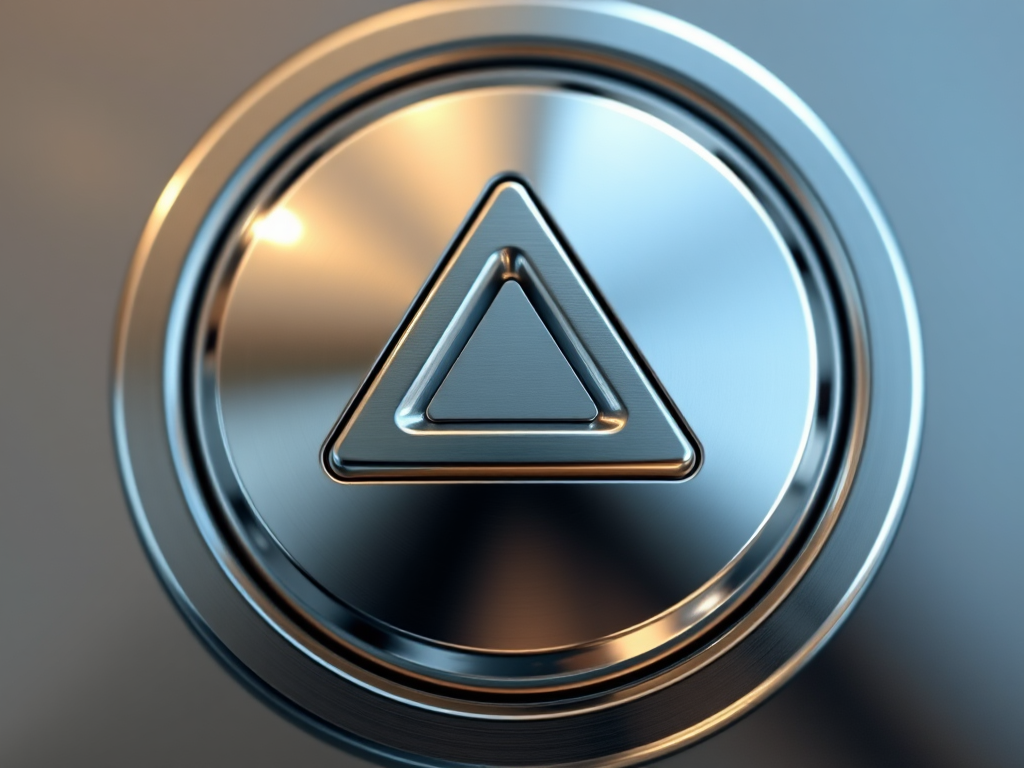 Create a highly detailed and polished 3D rendering of a glossy metallic button with a backward triangle symbol, using a Canon EOS R5 camera set to f/2.8 aperture, 1/60 shutter speed, and ISO 100, with a close-up view and soft natural lighting to enhance reflections and surface texture.