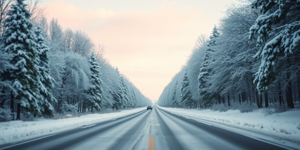Create a serene winter landscape of a road lined with snow-covered trees, shot with a Canon EOS R5, 35mm lens, f/2.8, ISO 100, shutter speed 1/125s, from a low-angle perspective, with soft natural lighting and a slight vignette for depth.