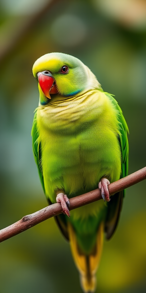 Capture a vibrant green parakeet perched on a branch, using a DSLR camera with a 50mm lens at f/2.8, ISO 200, and a shutter speed of 1/100s; focus on the bird with a blurred background to enhance details and depth of field.