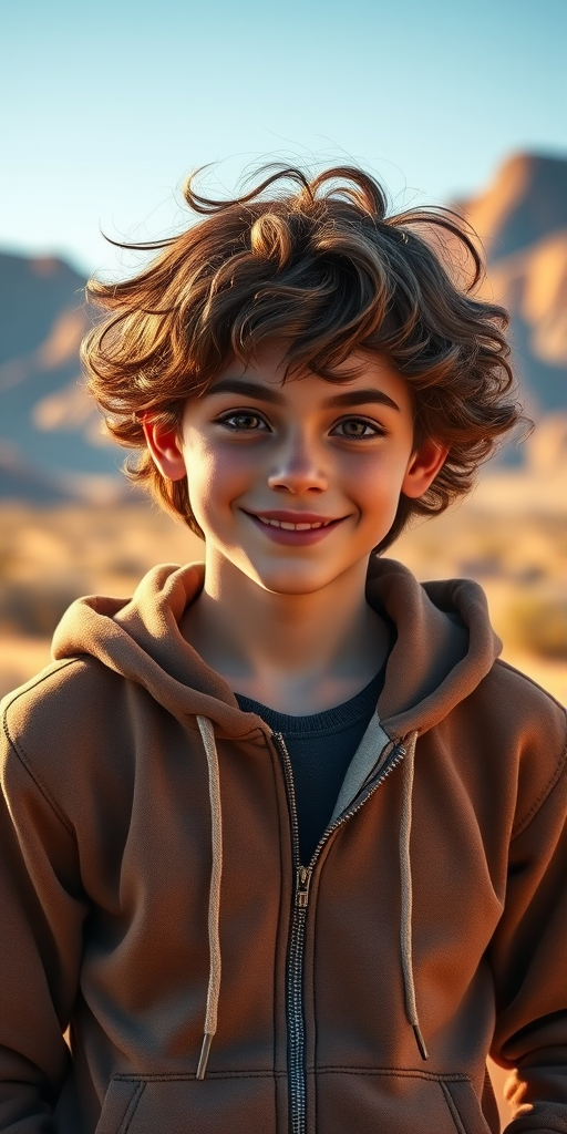 Create a detailed image of a young male character with curly hair and a friendly expression wearing a zip-up hoodie, set in a desert landscape with mountains in the background, using a 50mm lens, f/1.8 aperture for a shallow depth of field, soft lighting for a warm effect, captured with a DSLR camera.