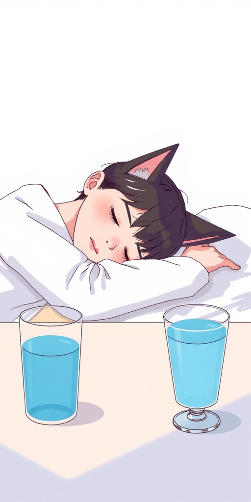 Create an illustration of a person with cat ears sleeping on a table with a glass of blue water beside them, in a minimalistic style, shot with a Canon EOS R5 at f/2.8, ISO 100, 35mm focal length, natural lighting to enhance color saturation and detail.