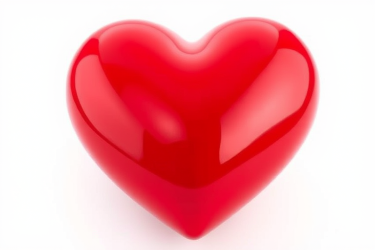 Generate a glossy red heart image with soft reflections on a white background, use a 50mm lens, f/2.8 aperture, and a shallow depth of field, taken with a DSLR camera in portrait orientation.