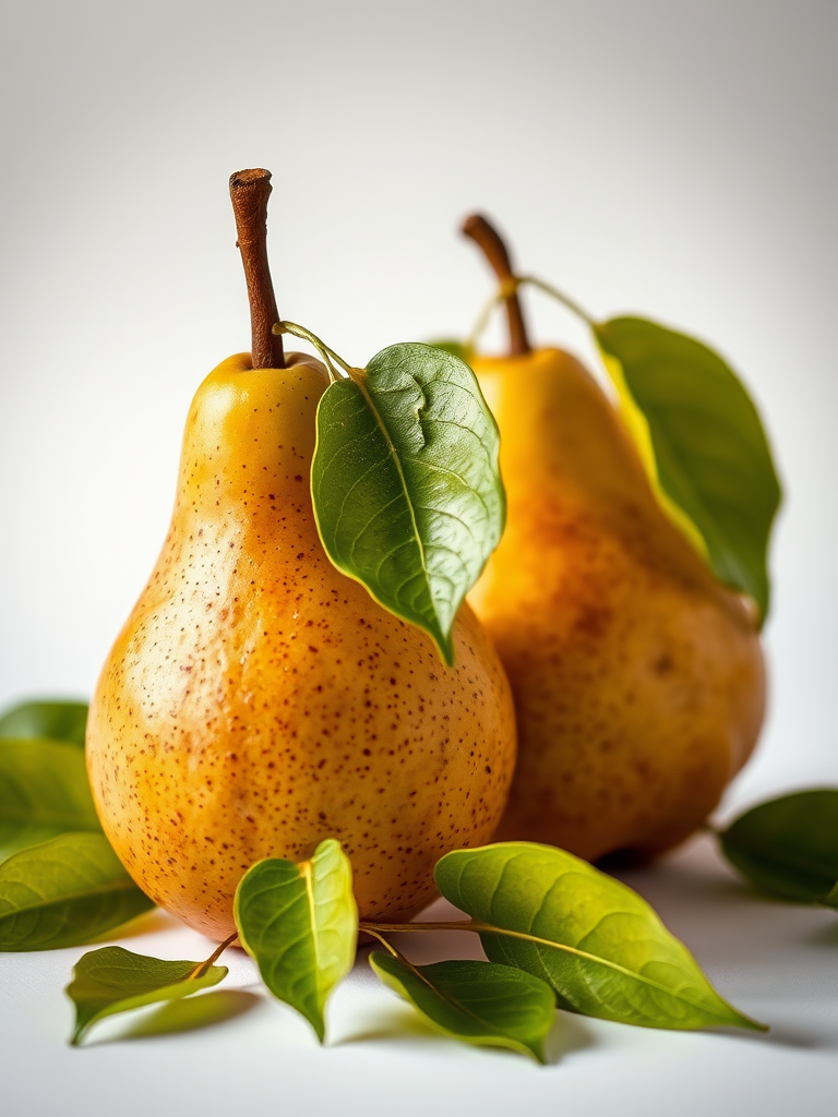 still life of two ripe pears with green leaves, soft natural lighting, focus on texture and color detail, DSLR camera, f/2.8 aperture, ISO 100, 50mm lens, shallow depth of field, studio backdrop