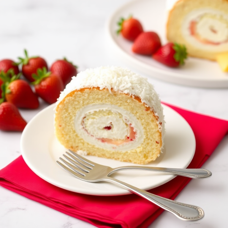 A slice of coconut roll cake on a white plate with a silver fork beside it on a red napkin, fresh strawberries in the background, and a marble countertop.