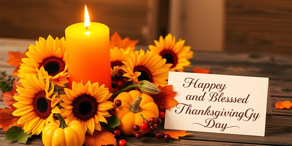 Create an image of a warm Thanksgiving scene featuring a lit orange candle surrounded by sunflowers, small pumpkins, red berries, and autumn leaves. Include a white card with elegant text that reads Have a Happy and Blessed Thanksgiving Day. The background should have a cozy, rustic wooden table setting.