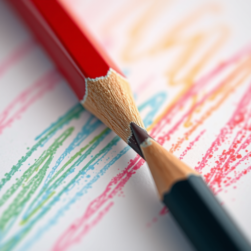 Generate an image of a pencil drawing with a vibrant color palette, captured using a Canon EOS R5 at f/1.8, ISO 100, shutter speed 1/200s, in macro view, with a soft focus style.