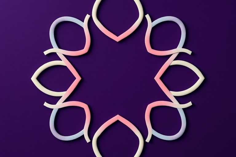 create a symmetrical geometric pattern featuring interconnected loops in pastel colors on a dark purple background, shot with a Canon EOS 5D Mark IV, aperture f/8, ISO 100, 50mm lens, soft focus style, overhead view