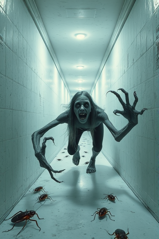 a crooked female with long arms and a creepy smile is crawling along a long white corridor and you can also see cockroaches in it there is a creepy atmosphere creepy art style