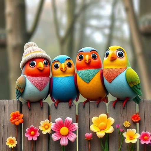 create a scene of 4 quirky  whimsical colourful comical birds each with a funny expression. they are sat on a wooden fence with colourful flowers. they are all different sizes. each one is a different colour  one is wearing a woolly hat. Each one has a different quirky google expression and there is a muted background of trees watercolour paintierly style high definition 8k resolution 3D paper mache