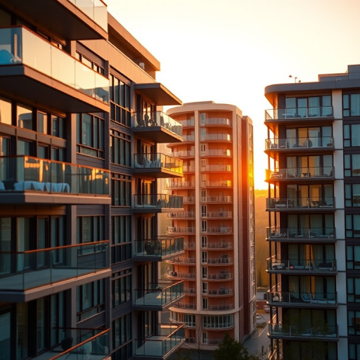 modern architectural buildings with glass balconies during golden hour, shallow depth of field, 50mm lens, f/1.8, ISO 200, natural light, high resolution, DSLR camera
