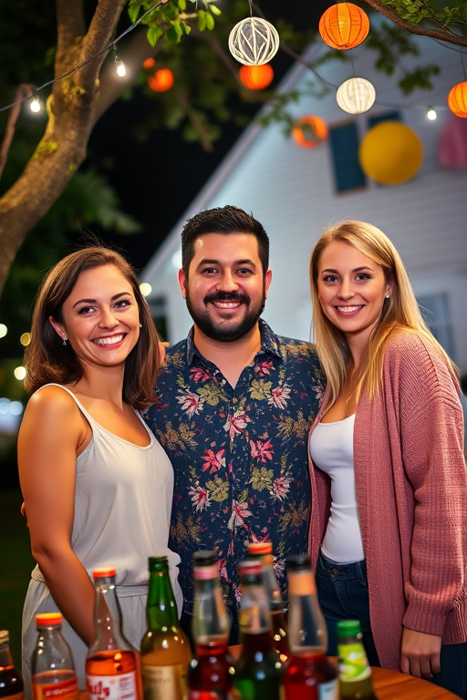 A candid full body shot photo of three friends enjoying an outdoor gathering at night, with soft artificial lighting creating a warm and cozy atmosphere; the image is sharp with vivid colors and a subtle color palette. The main subjects are two women and a man standing close together, smiling warmly at the camera. One woman, on the left, Caucasian, medium-length brown hair, and a playful smile, dressed in a light sleeveless top. The man in the middle, of Caucasian descent, has a large build with short black hair and a trimmed beard, wearing a dark floral-patterned shirt. The other woman, on the right, is Caucasian with fair skin and long blonde hair, wearing a pink cardigan over a white top. They are gathered around a table covered with drink bottles, hinting at a relaxed party atmosphere. The soft artificial lighting filters through the surrounding tree branches and colorful hanging decorations, casting gentle shadows that create a sense of intimacy. In the background, a white house while the glowing lights enhance the overall cozy and cheerful mood of the scene, emphasizing both the subjects and their surroundings