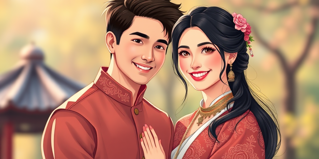 Generate a high-quality illustration of a couple in traditional clothing, standing close together with smiles, using a 50mm lens, f/2.8 aperture, soft natural lighting, and a slight bokeh effect, in a digital art style.