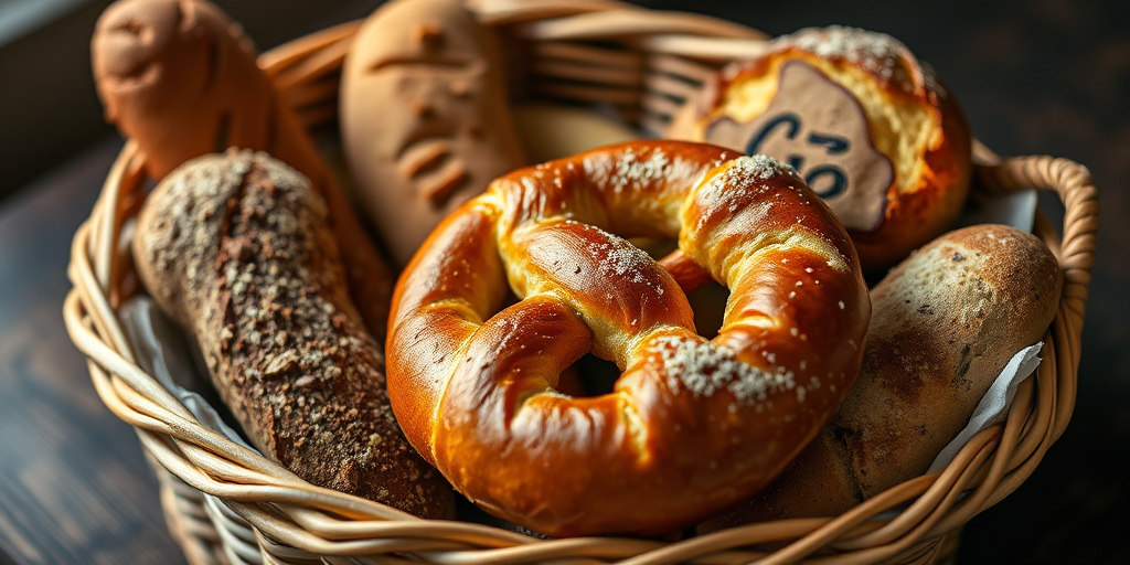A basket filled with various types of bread, including a large pretzel, with soft lighting; shot with a Canon EOS R5 at f/4, ISO 100, 50mm lens, and a shallow depth of field for enhanced focus on the bread textures.