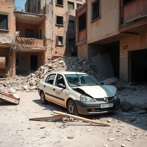 Create a high-resolution image of a devastated urban scene featuring a damaged car surrounded by debris and crumbled walls, shot with a DSLR camera at 35mm focal length, f/8 aperture, ISO 100, in natural light from a low angle to emphasize the destruction and add dramatic shadows.