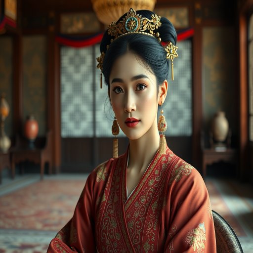 A beautiful Circassian woman in traditional East Asian attire, intricately detailed with embroidered patterns, sitting gracefully in a richly decorated room, soft ambient lighting, serene and elegant, ultra-realistic, 8K resolution
