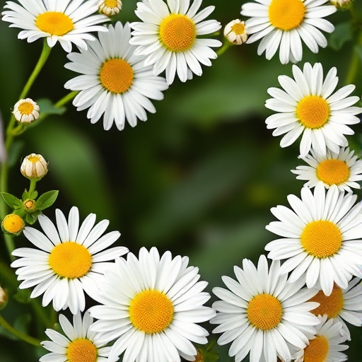 Create a high-resolution image of a floral corner design featuring white daisies with yellow centers and green leaves surrounding them, shot with a Canon EOS R5, 50mm f/1.8 lens, in natural light for enhanced detail and vibrant colors, with a soft focus background.