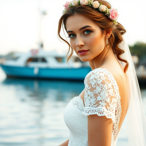 water front scene, bridal model, delicate lace gown, floral headpiece, soft romantic focus, high-key lighting and an 85mm lens for soft, even tones that highlight the model’s face and bright outfit against a white or light background