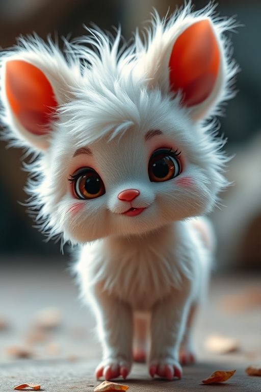 Create a fantastical 3D rendering of a cute, fluffy creature with large ears and a playful expression, using a 50mm lens at f/2.8, ISO 100, and a shallow depth of field with soft, diffused lighting for enhanced detail and color vibrancy, shot from a slightly low angle for a dynamic perspective.