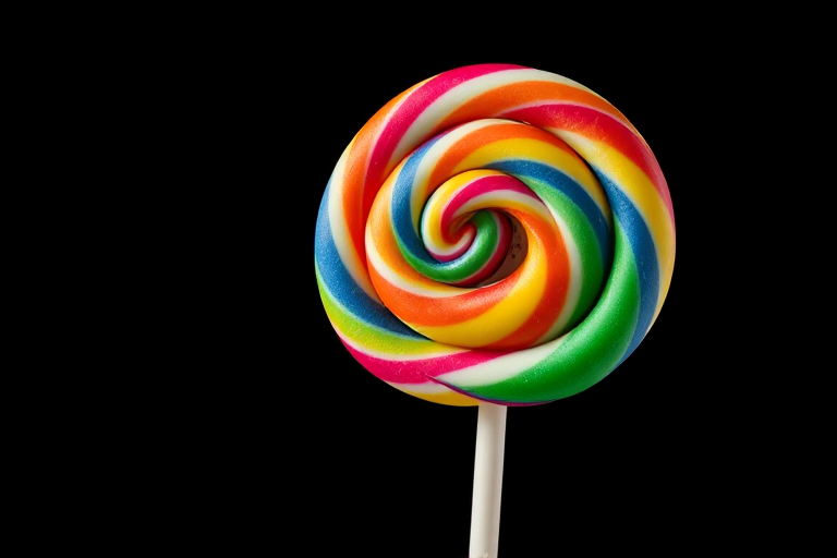 Create a vibrant illustration of a lollipop against a black background with a focus on glossy textures and detailed colors, using a DSLR camera with a 50mm lens, aperture set to f/2.8 for a shallow depth of field, shooting in macro style to capture fine details and enhance overall image quality.