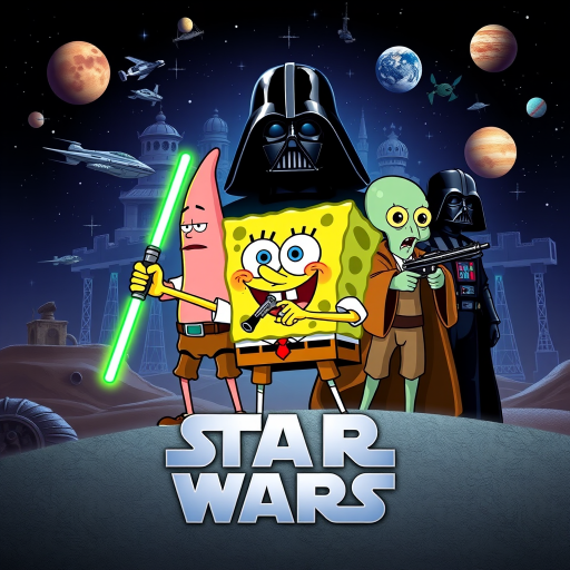 Create a parody of the Star Wars poster with SpongeBob as Luke Skywalker, holding a glowing spatula like a lightsaber. Patrick Star takes the role of Han Solo, holding a blaster, while Squidward is Obi-Wan Kenobi, draped in robes. In the background, Plankton appears as Darth Vader, with Bikini Bottom’s landmarks reimagined as spaceships and planets. The iconic Star Wars logo is swapped for "Sponge Wars," creating a playful, sci-fi adventure scene.