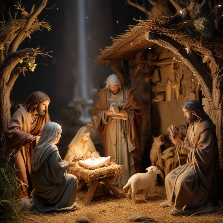 Nativity Scene Depicting the Birth of Jesus in a Rustic Setting