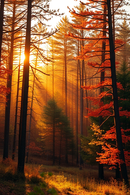 Create a high-resolution image of a serene forest landscape during golden hour, rich in vibrant colors, with soft sunlight filtering through the trees, using a Canon EOS R5 with a 24-70mm f/2.8 lens, set at ISO 100, f/8, shutter speed 1/125s, in landscape orientation.
