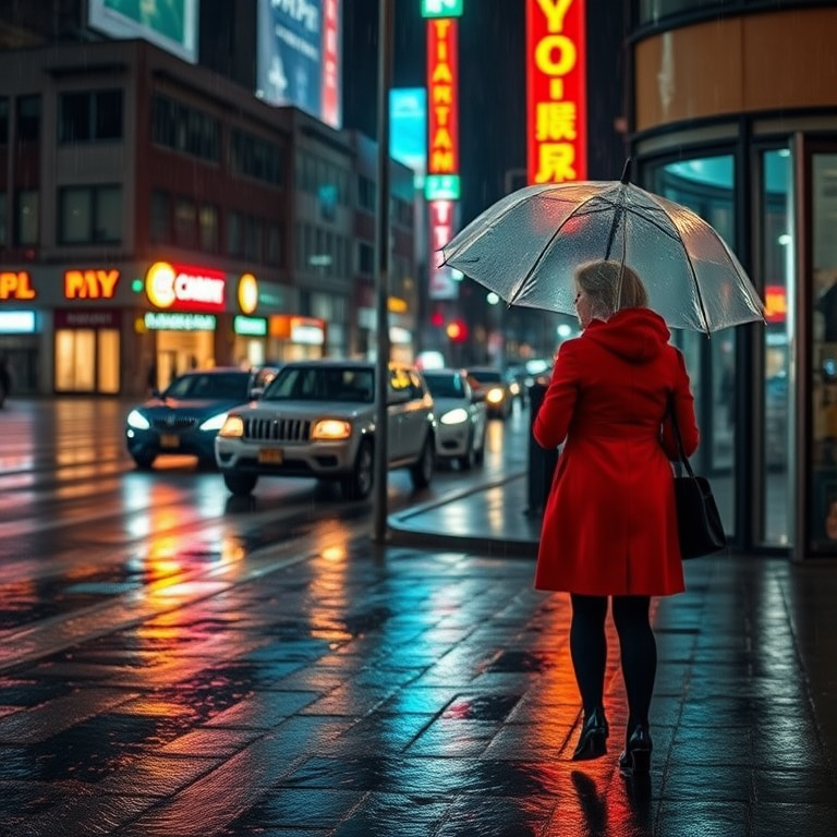 Rainy street corner at night, neon lights reflecting off the wet pavement, a woman in a red coat hurries across the street, her umbrella held tightly as passing cars splash through puddles.