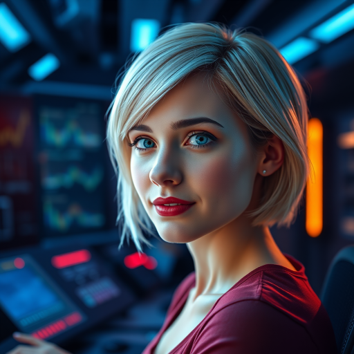 Create a highly detailed digital artwork of a young woman with short blonde hair and a confident expression in a high-tech control room, illuminated by ambient blue and orange lights, using a Canon EOS R5, 50mm f/1.2 lens, ISO 100, aperture f/1.2, 1/100s shutter speed.