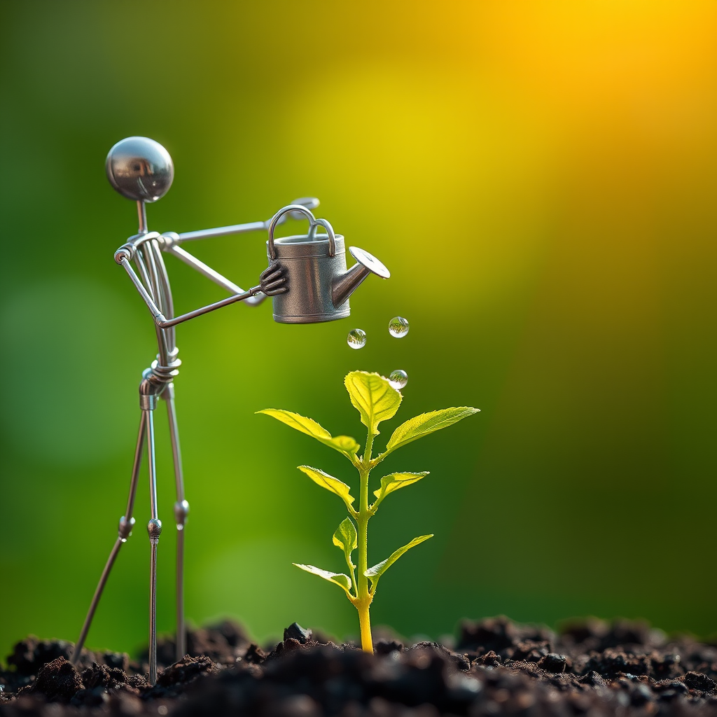 A metal figurine of a person, constructed from thin, silver rods, stands on the left side of the image, facing the viewer. The figurine is holding a small watering can and pouring water onto a young plant, with a few droplets in the air. The plant, with lush green leaves, is situated in the center, growing from dark soil. The background is a soft, out-of-focus blur of green, illuminated by warm, natural light.  The composition creates a sense of depth and intimacy. The image evokes feelings of growth, nurture, and hope.