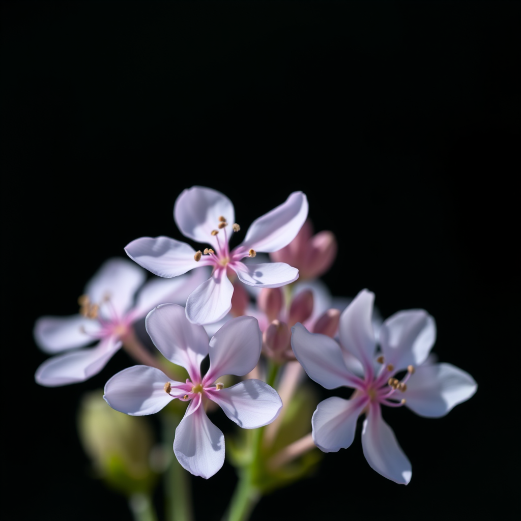 A high-resolution close-up photograph of pale purple flowers against a black background, using a Canon EOS 5D Mark IV with a 100mm f/2.8 macro lens, aperture set to f/4 for soft background blur, ISO 200 for clear detail, and natural sunlight as the light source.
