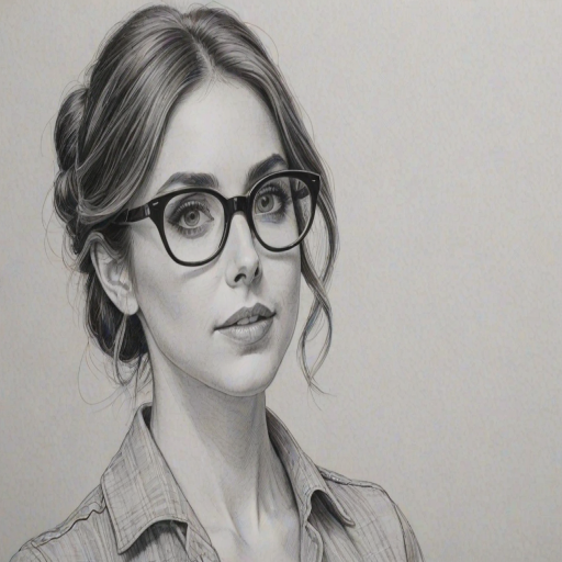 Ravishing Alison Brie, pencil sketch, portrait of Captivating woman 1962s in glasses, hair style beatnik, outline, clear lines, fine lines, 8k