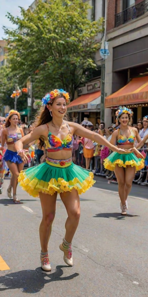 Vibrant street parade, with dancers in colorful costumes, floats adorned with flowers, and families watching from the sidewalks, creating a joyful and festive atmosphere.