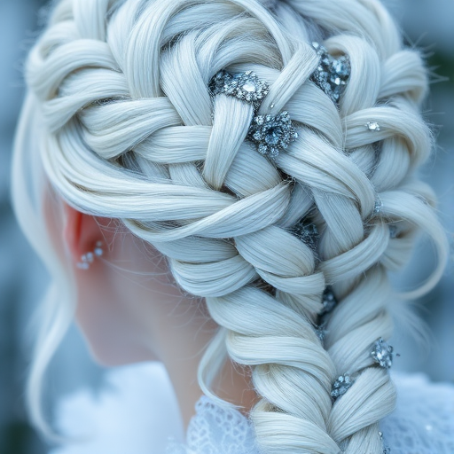 Mesmerizing close-up reveals Frost Queen platinum blonde hair, icy white strands with subtle blue undertones, styled in an intricate braided updo adorned with crystal accessories