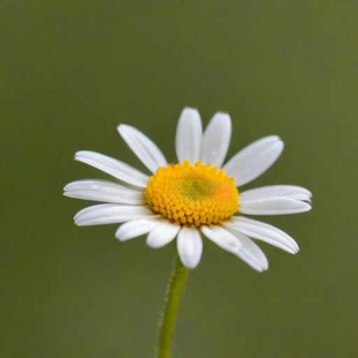 a close-up photograph of a single white daisy flower with yellow center on a blurred green background