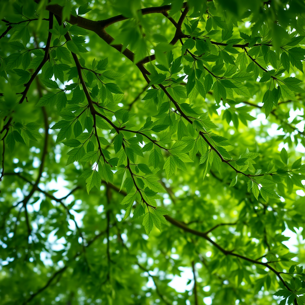 Create a hyper-realistic image of a lush green tree with detailed leaves, using a DSLR camera with a 50mm lens, aperture set to f/2.8, ISO 100, and soft natural lighting, capturing the tree from a low angle to emphasize its height and foliage.