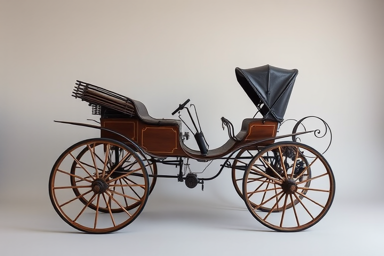 high-quality image of a vintage horse-drawn carriage on a plain background, shot with a Canon EOS 5D Mark IV, aperture f/8, ISO 100, 50mm lens, natural light, side view for detailed showcasing of design and craftsmanship
