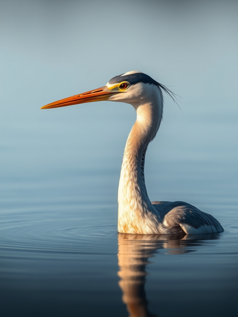 create a detailed illustration of a water bird with a long neck, captured in soft natural lighting, using a Canon EOS 5D Mark IV, aperture f/4, shutter speed 1/200s, ISO 100, from a low angle to emphasize the bird's features and reflection on water, with a focus on a smooth and serene background.