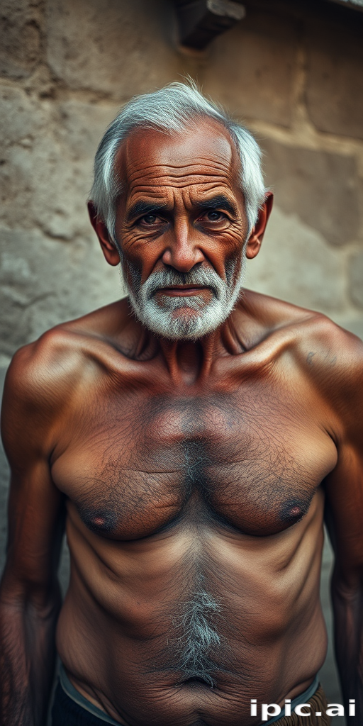 shirtless old man