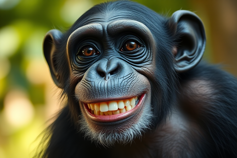 chimpanzee with a big smile, close-up, 50mm lens, f/1.8, ISO 100, natural light, shallow depth of field, 35mm camera for enhanced clarity and focus on the subject