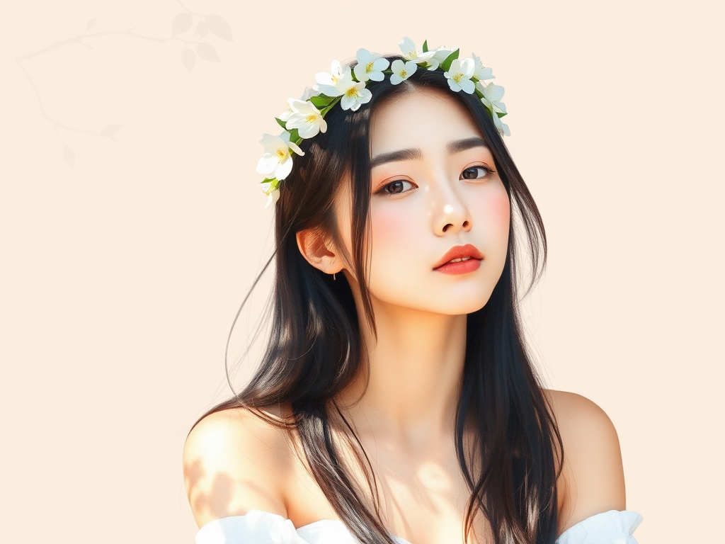 create a watercolor painting of an ethereal portrait of beautiful Korean woman with a simple white flower crown on her head. Her hair is long and she is lying on the ground. The sunlight on the trees casts shadows from the leaves on her face and body. The background is a neutral brown color that matches her skin tone. The image is minimalist and solid colors. This style is characterized by soft, delicate brushstrokes and a light, airy, contrasting color palette. High level of detail and play of light