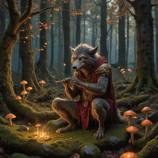 A werewolf plays his flute at dusk in a dense autumn forest, surrounded by glowing mushrooms and floating fireflies on the moss-covered ground, near an ancient stone altar with offerings hanging from it, and the air is filled with A mysterious atmosphere. Unseen eyes watch from the trees, the music of Satiris is woven through the woods like a spell, the colors are negative gold, orange and crimson, the environment is senseless and otherworldly, a hidden place of ancient rituals