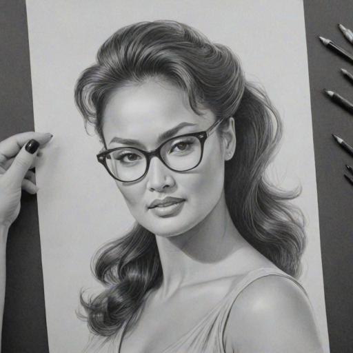 Fascinating Tia Carrere, pencil sketch, portrait of Graceful woman 1950s in glasses, hair style beatnik, outline, clear lines, fine lines, 8k