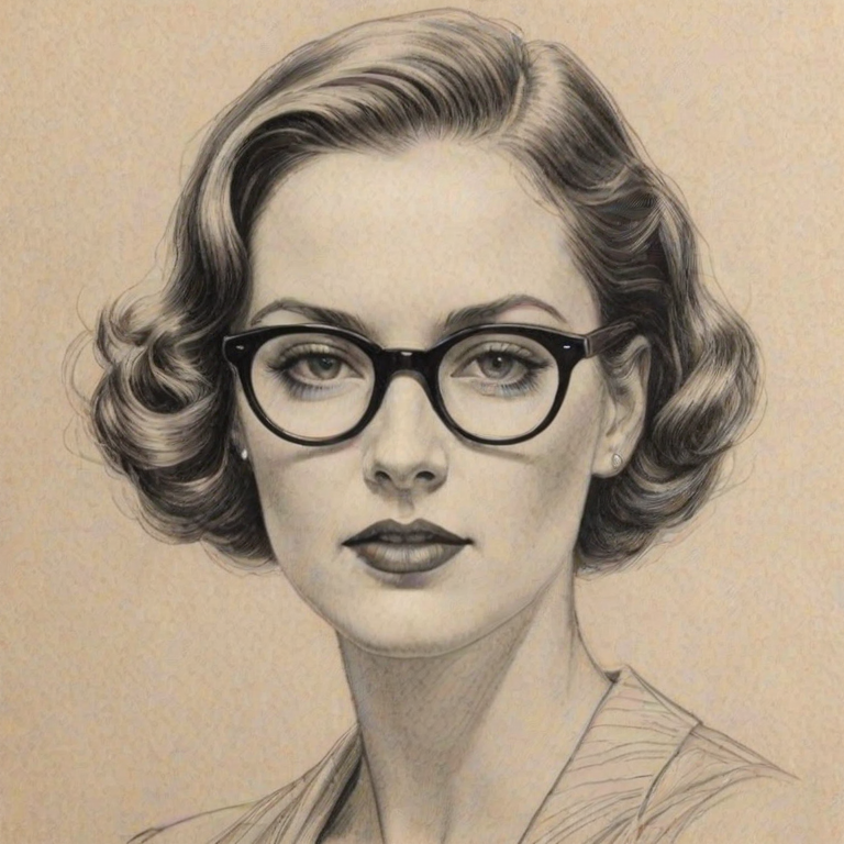 Fetching Clea Lewis, pencil sketch, portrait of Exquisite woman 1932s in glasses, hair style beatnik, outline, clear lines, fine lines, 8k