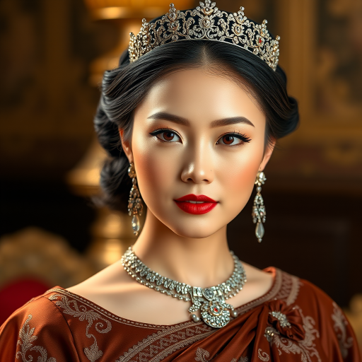 A gorgeous Hmong woman in a luxurious brown gown, accessorized with a dazzling tiara and statement earrings, her deep red eyes highlighted by impeccable makeup, poised in a royal setting, photorealistic, 8K quality