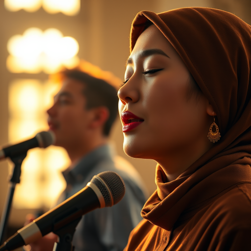 A close-up portrait of a asian woman with her eyes closed, singing into a microphone, positioned on the right side of the frame, facing the viewer. She is wearing a brown headscarf, gold earrings, and a brown blouse, and is bathed in warm, golden light emanating from the windows behind her. A blurred figure of a man singing into a microphone is visible in the background. The scene has a sense of calm and spirituality.
