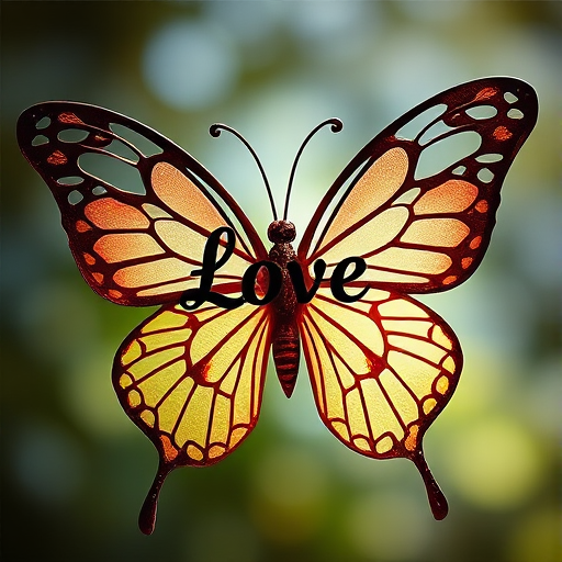 create an enhanced image of a decorative butterfly with intricate wings framing the word "Love" in the center, using a DSLR camera with a 50mm lens at f/1.8, shot from a front view with soft natural lighting to accentuate colors and details