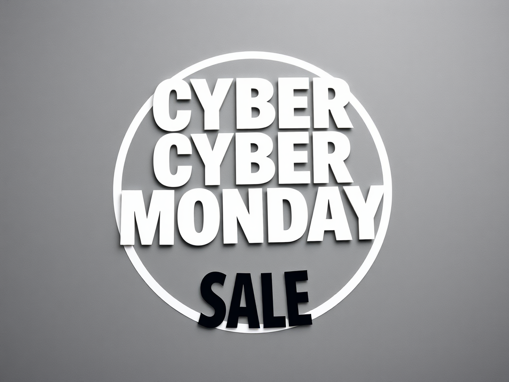 Create a modern promotional graphic for a Cyber Monday Sale featuring bold text and a circular design, shot using a DSLR camera at f/2.8, ISO 100, with a 50mm lens in a flat lay view to enhance the quality and detail of the design.