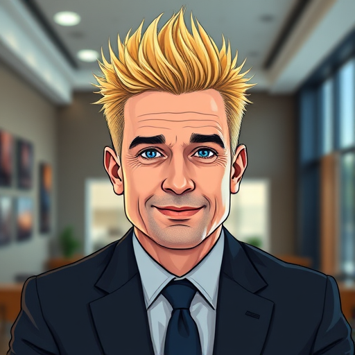 Generate a colorful cartoon-style portrait of a man with spiky blonde hair, wearing a dark suit and tie, photographed in high resolution with a 50mm lens, f-stop at f/2.8, ISO 100, in a well-lit indoor environment, using a DSLR camera for enhanced clarity and detail.